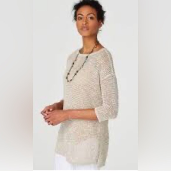 J. Jill Open Knit Tunic Sweater Size L Oatmeal Boat neck Lightweight Classic - Picture 2 of 12